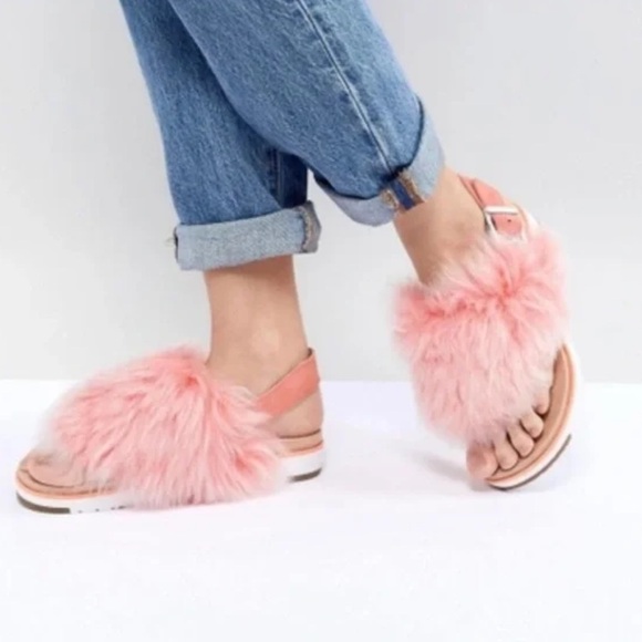 UGG Holly Pink Dawn Luxe Sheepskin Slingback Fuzzy Leather Y2K Platform Slide - Picture 5 of 11